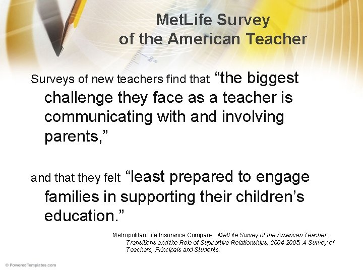 Met. Life Survey of the American Teacher “the biggest challenge they face as a