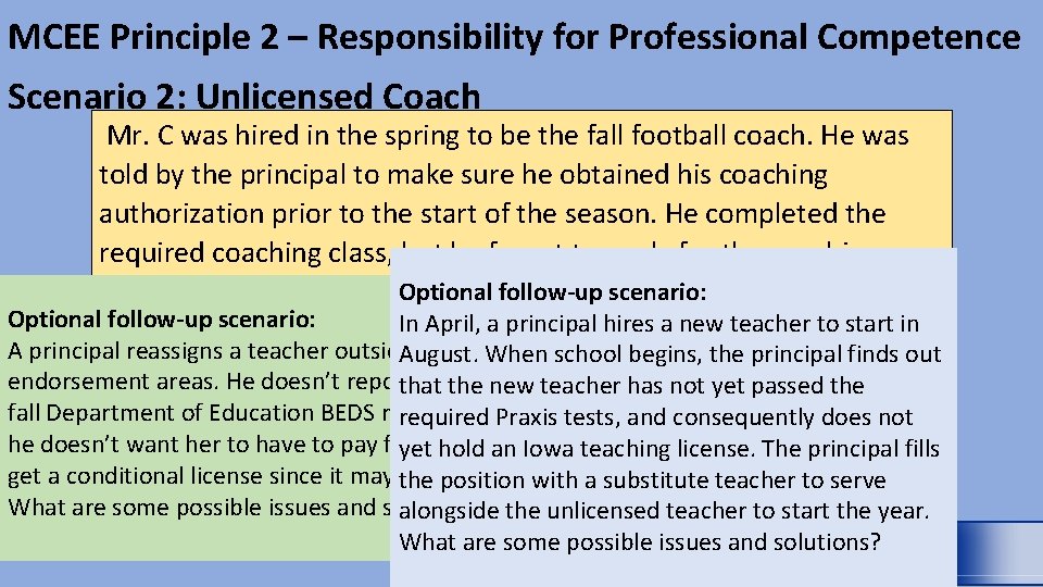 MCEE Principle 2 – Responsibility for Professional Competence Scenario 2: Unlicensed Coach Mr. C