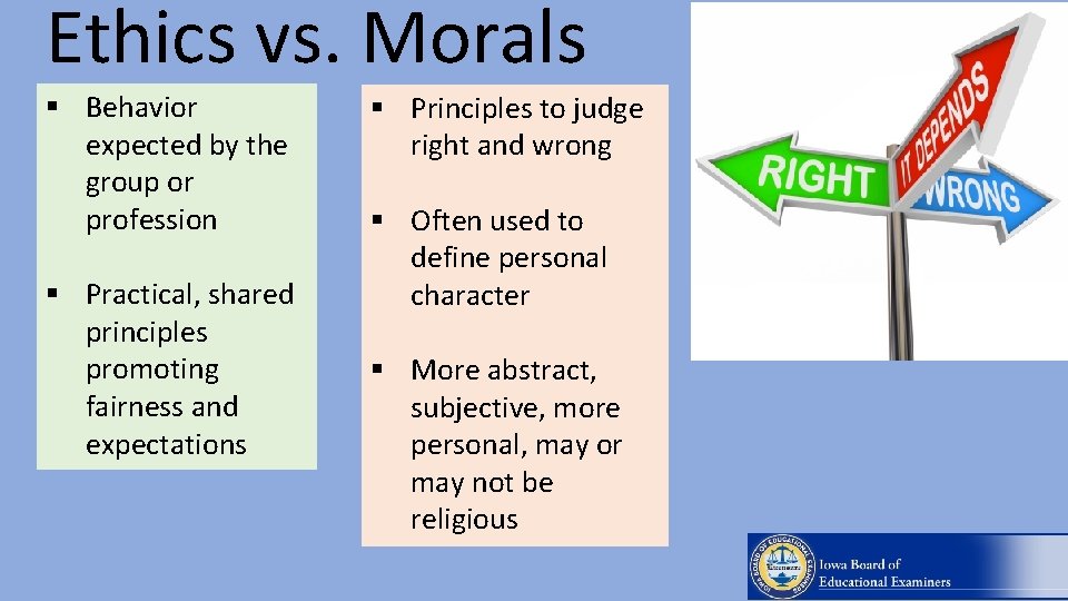 Ethics vs. Morals § Behavior expected by the group or profession § Practical, shared