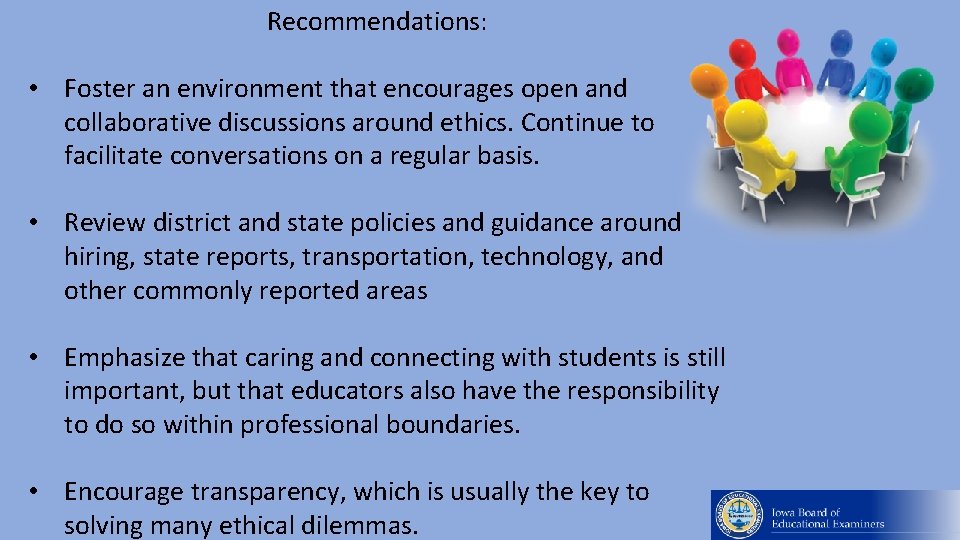 Recommendations: • Foster an environment that encourages open and collaborative discussions around ethics. Continue