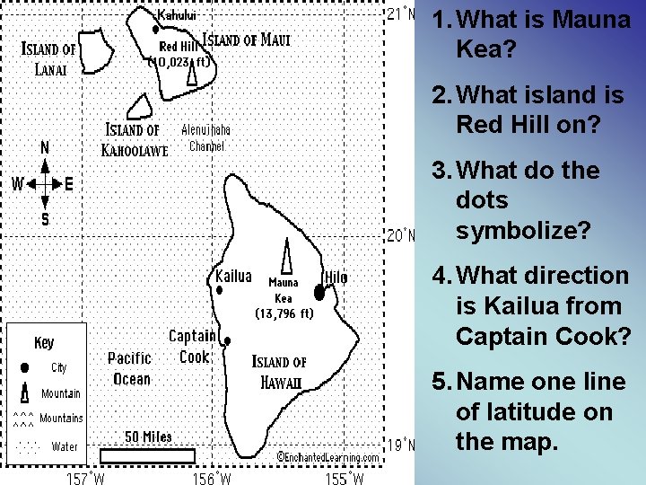 1. What is Mauna Kea? 2. What island is Red Hill on? 3. What