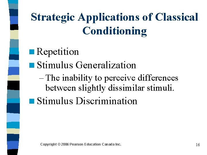 Strategic Applications of Classical Conditioning n Repetition n Stimulus Generalization – The inability to