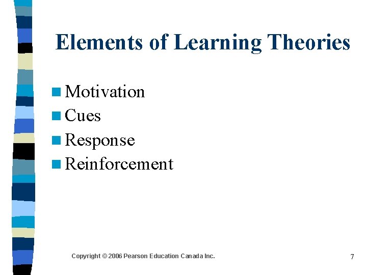 Elements of Learning Theories n Motivation n Cues n Response n Reinforcement Copyright ©