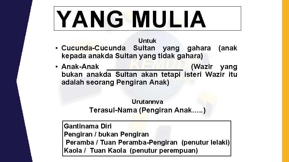 YANG MULIA Untuk • Cucunda-Cucunda Sultan yang gahara (anak kepada anakda Sultan yang tidak