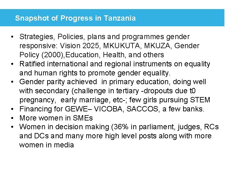 Snapshot of Progress in Tanzania • Strategies, Policies, plans and programmes gender responsive: Vision