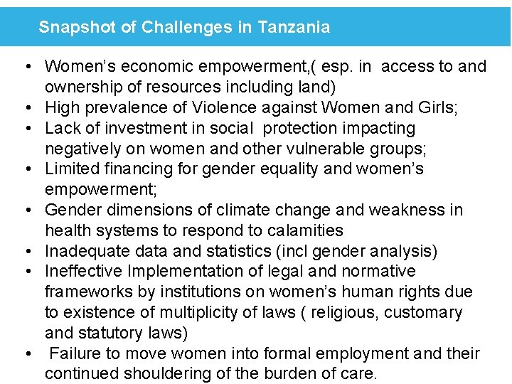 Snapshot of Challenges in Tanzania • Women’s economic empowerment, ( esp. in access to