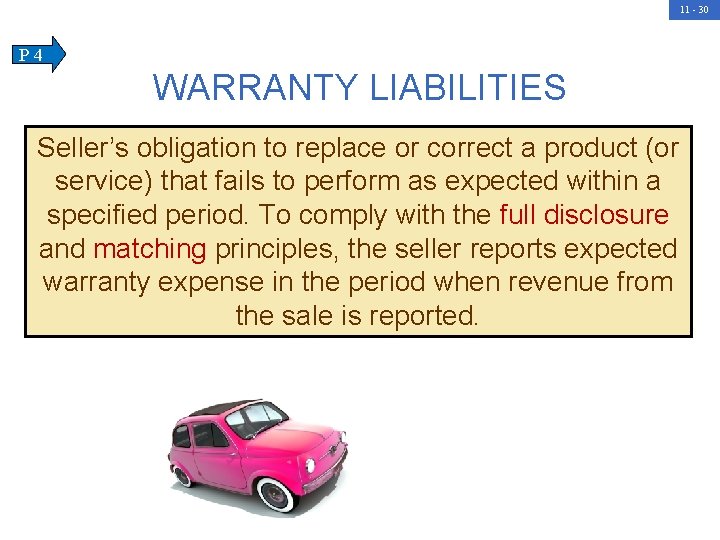 11 - 30 P 4 WARRANTY LIABILITIES Seller’s obligation to replace or correct a