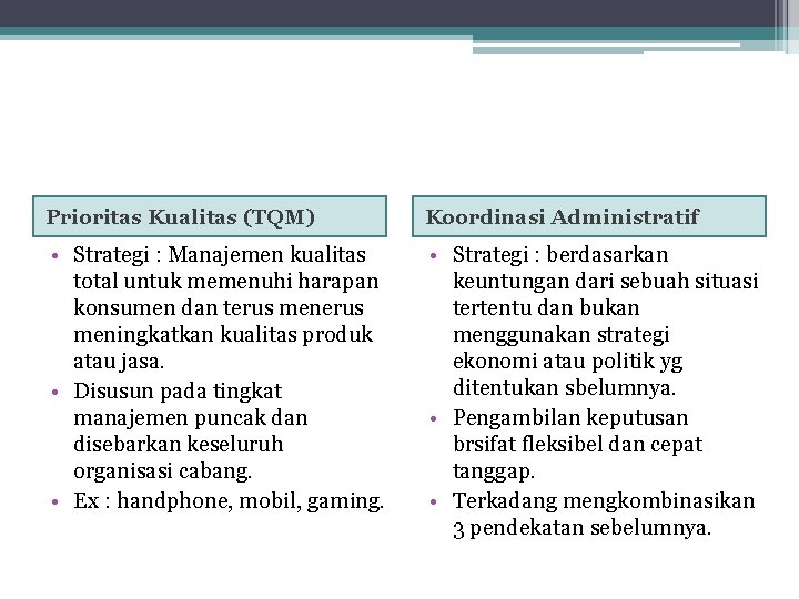 Prioritas Kualitas (TQM) Koordinasi Administratif • Strategi : Manajemen kualitas total untuk memenuhi harapan