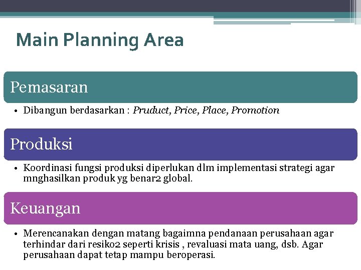 Main Planning Area Pemasaran • Dibangun berdasarkan : Pruduct, Price, Place, Promotion Produksi •