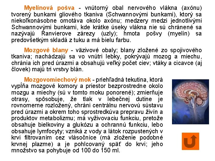 Myelínová pošva - vnútorný obal nervového vlákna (axónu) tvorený bunkami gliového tkaniva (Schwannovými bunkami),