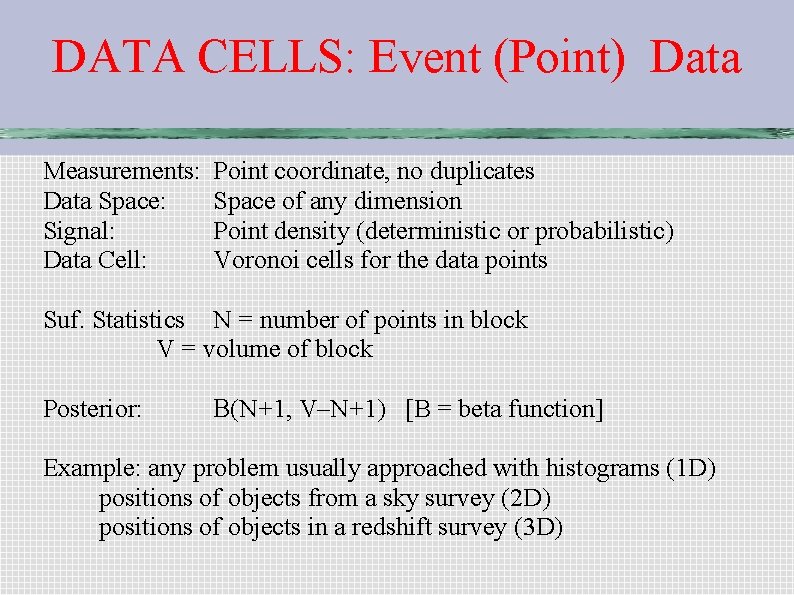 DATA CELLS: Event (Point) Data Measurements: Data Space: Signal: Data Cell: Point coordinate, no DATA CELLS: Event (Point) Data Measurements: Data Space: Signal: Data Cell: Point coordinate, no