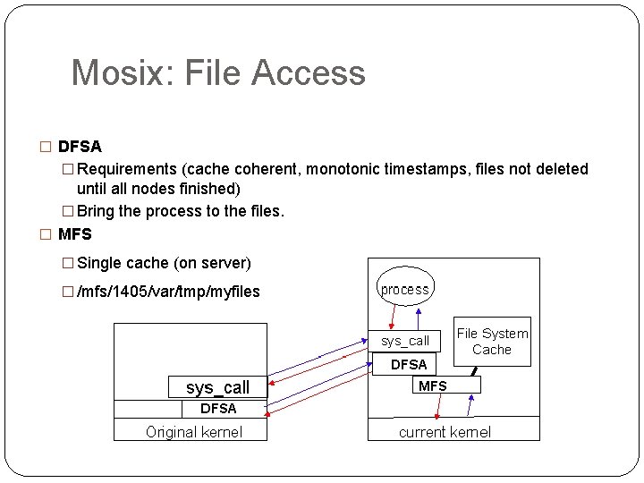 Mosix: File Access � DFSA � Requirements (cache coherent, monotonic timestamps, files not deleted