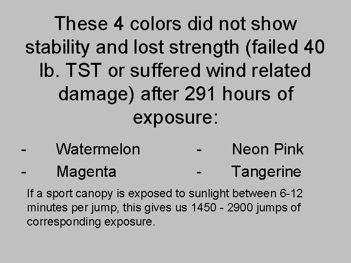These 4 colors did not show stability and lost strength (failed 40 lb. TST