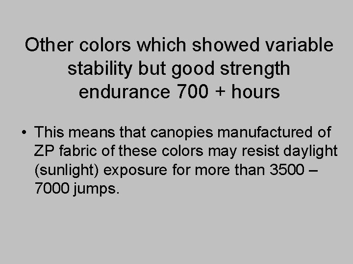 Other colors which showed variable stability but good strength endurance 700 + hours •