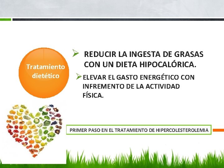 Ø REDUCIR LA INGESTA DE GRASAS Tratamiento dietético CON UN DIETA HIPOCALÓRICA. ØELEVAR EL