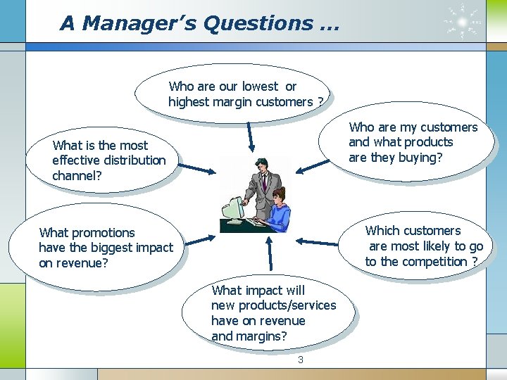 A Manager’s Questions … Who are our lowest or highest margin customers ? Who