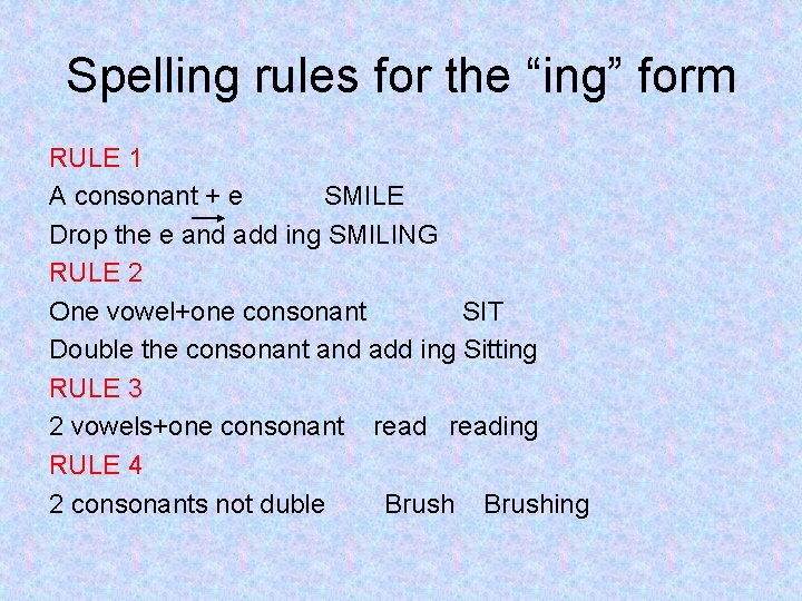 Spelling rules for the “ing” form RULE 1 A consonant + e SMILE Drop