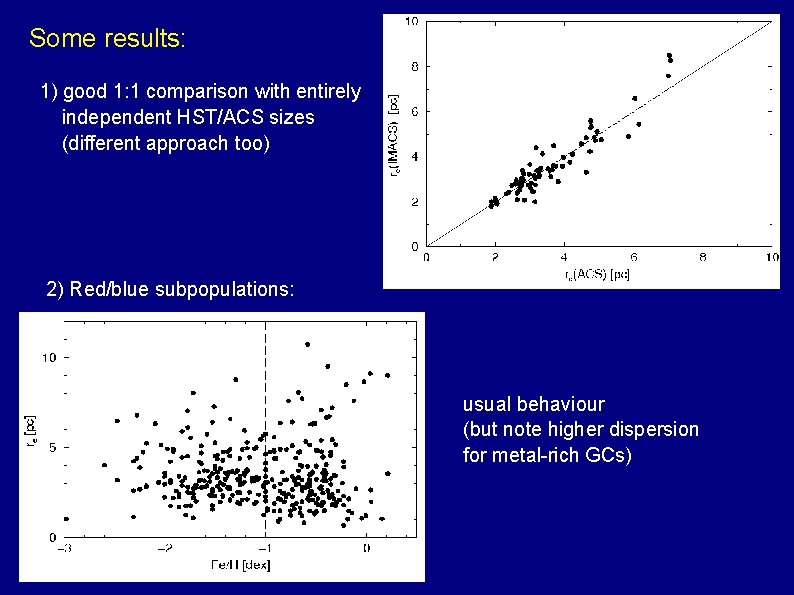 Some results: 1) good 1: 1 comparison with entirely independent HST/ACS sizes (different approach