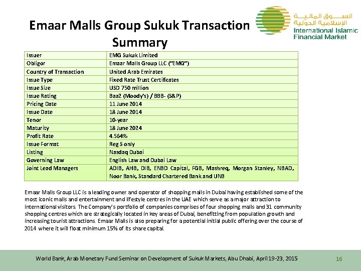 Emaar Malls Group Sukuk Transaction Summary Issuer Obligor Country of Transaction Issue Type Issue