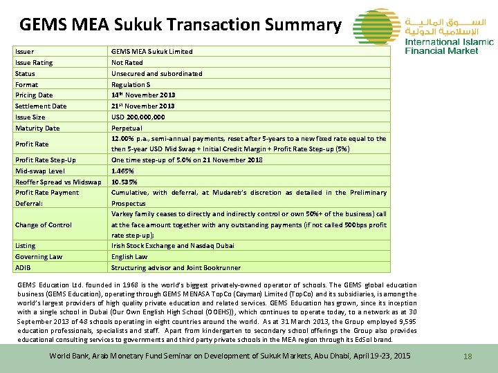 GEMS MEA Sukuk Transaction Summary Issuer Issue Rating Status Format Pricing Date Settlement Date