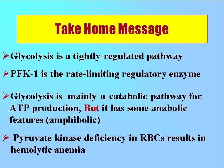 Take Home Message Glycolysis is a tightly-regulated pathway PFK-1 is the rate-limiting regulatory enzyme