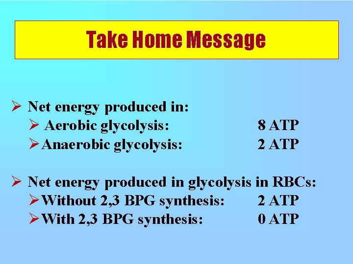 Take Home Message Net energy produced in: Aerobic glycolysis: Anaerobic glycolysis: 8 ATP 2