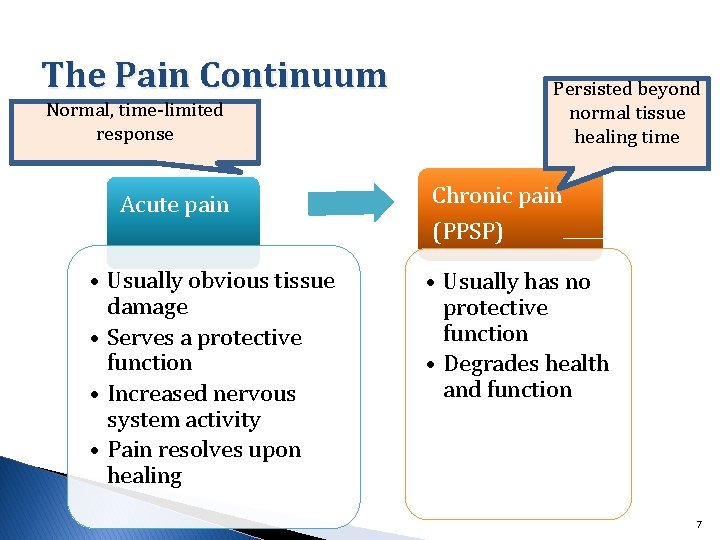 The Pain Continuum Normal, time-limited response Acute pain • Usually obvious tissue damage •