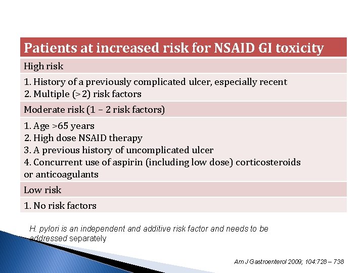 Patients at increased risk for NSAID GI toxicity High risk 1. History of a