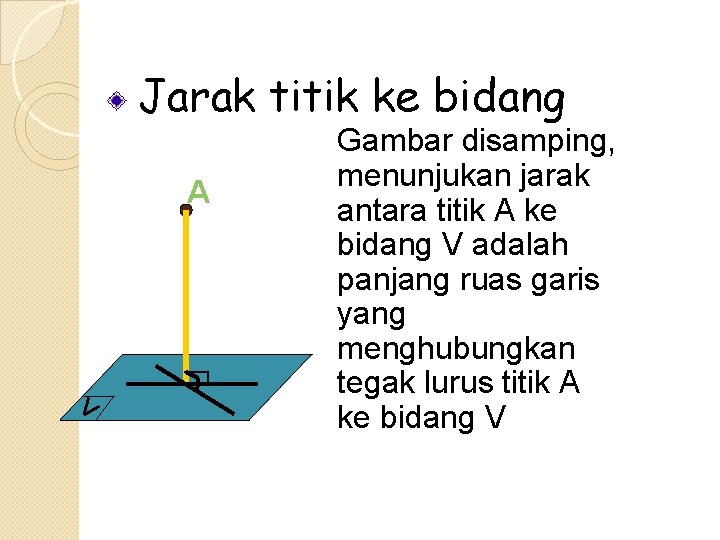 Jarak titik ke bidang A V Gambar disamping, menunjukan jarak antara titik A ke