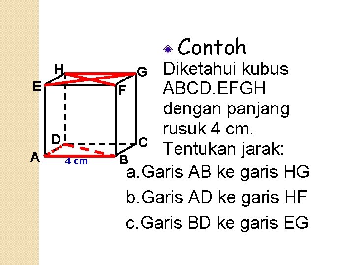 Contoh H E D A Diketahui kubus ABCD. EFGH F dengan panjang rusuk 4