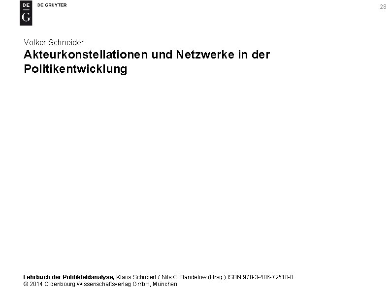 28 Volker Schneider Akteurkonstellationen und Netzwerke in der Politikentwicklung Lehrbuch der Politikfeldanalyse, Klaus Schubert