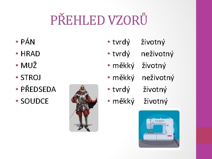 PŘEHLED VZORŮ • PÁN • HRAD • MUŽ • STROJ • PŘEDSEDA • SOUDCE