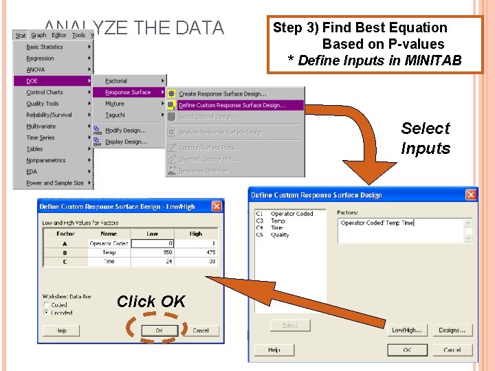 ANALYZE THE DATA Step 3) Find Best Equation Based on P-values * Define Inputs