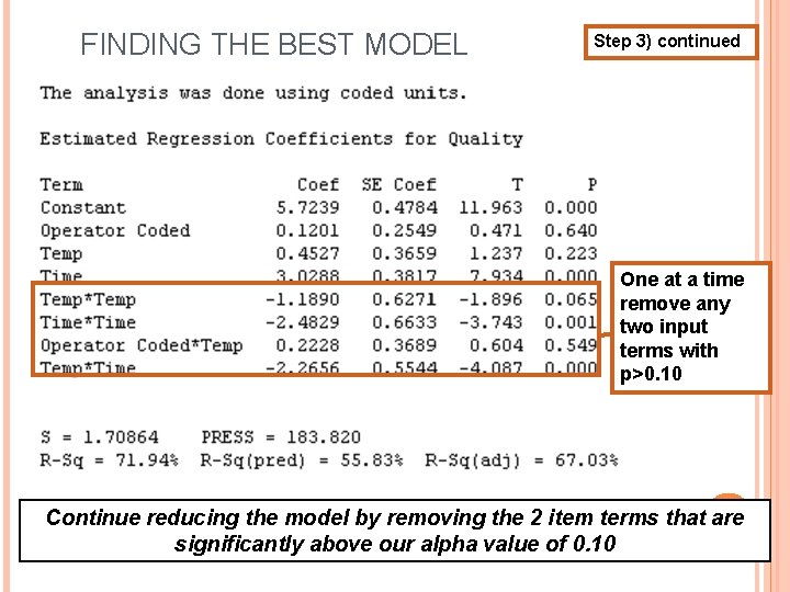 FINDING THE BEST MODEL Step 3) continued One at a time remove any two