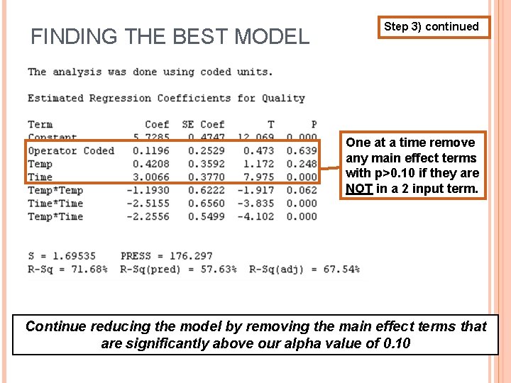 FINDING THE BEST MODEL Step 3) continued One at a time remove any main