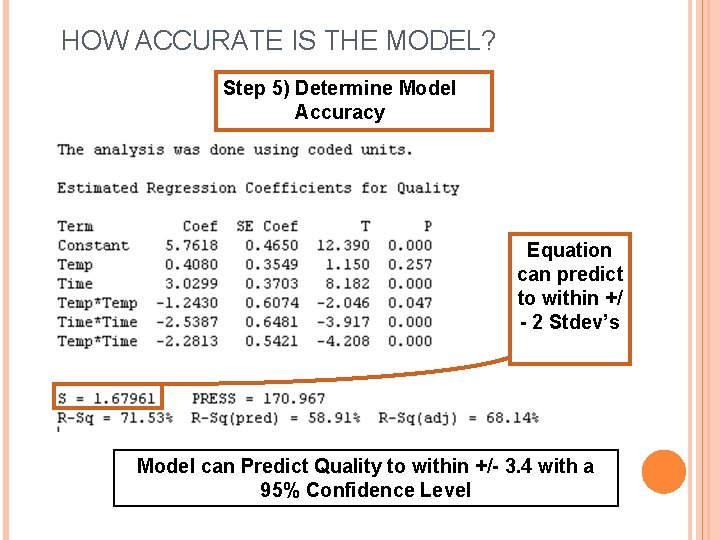 HOW ACCURATE IS THE MODEL? Step 5) Determine Model Accuracy Equation can predict to