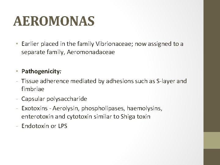 AEROMONAS • Earlier placed in the family Vibrionaceae; now assigned to a separate family,