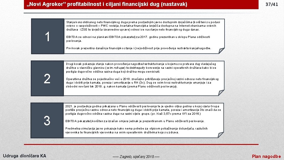 „Novi Agrokor” profitabilnost i ciljani financijski dug (nastavak) 1 37/41 Stanje konsolidiranog neto financijskog