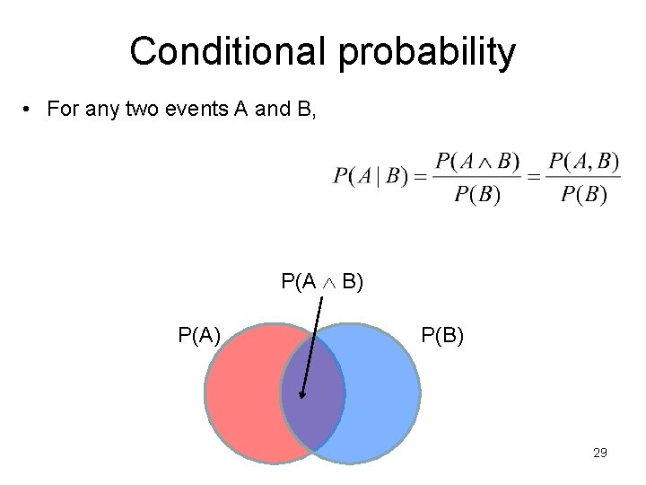 Conditional probability • For any two events A and B, P(A B) P(A) P(B)