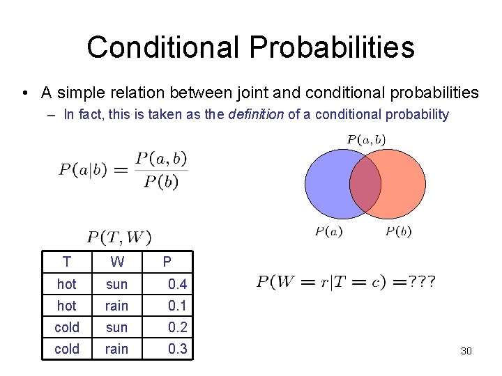 Conditional Probabilities • A simple relation between joint and conditional probabilities – In fact,