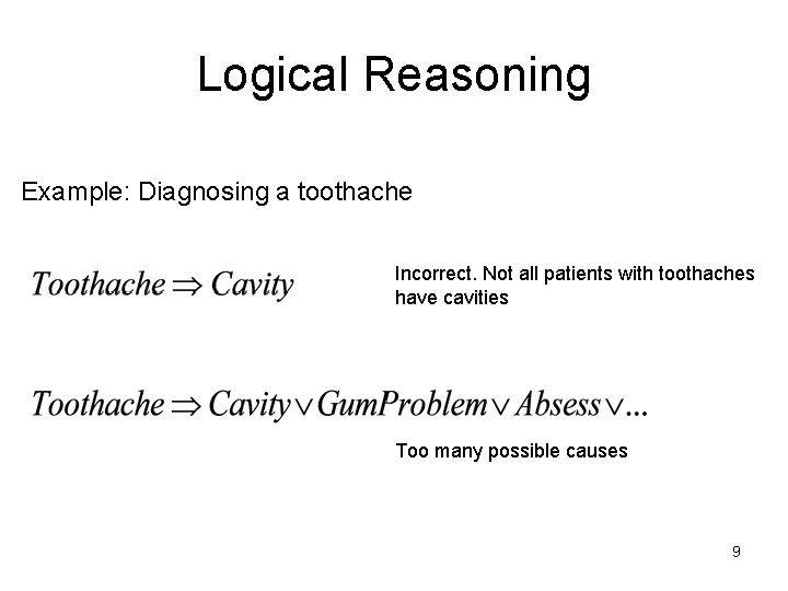 Logical Reasoning Example: Diagnosing a toothache Incorrect. Not all patients with toothaches have cavities