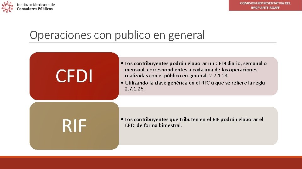 Operaciones con publico en general CFDI RIF • Los contribuyentes podrán elaborar un CFDI