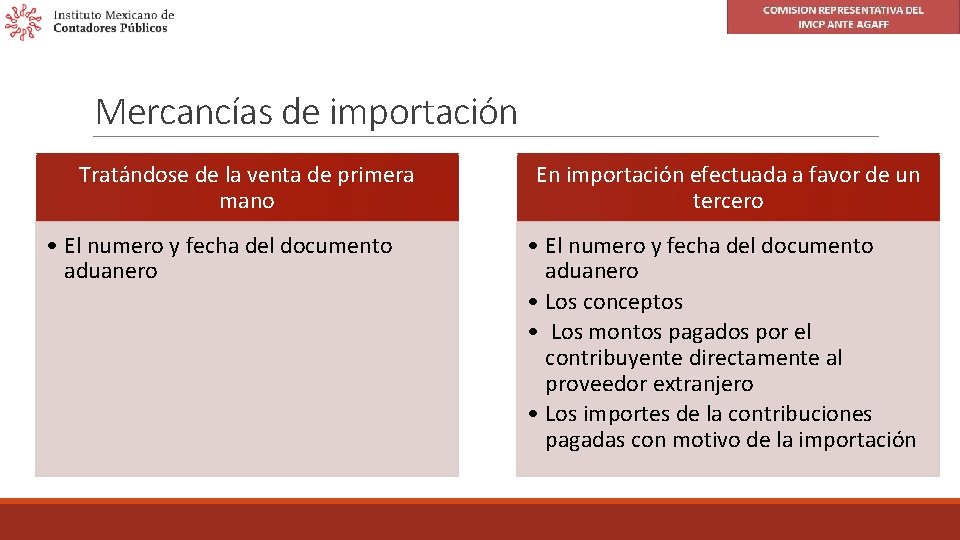 Mercancías de importación Tratándose de la venta de primera mano • El numero y