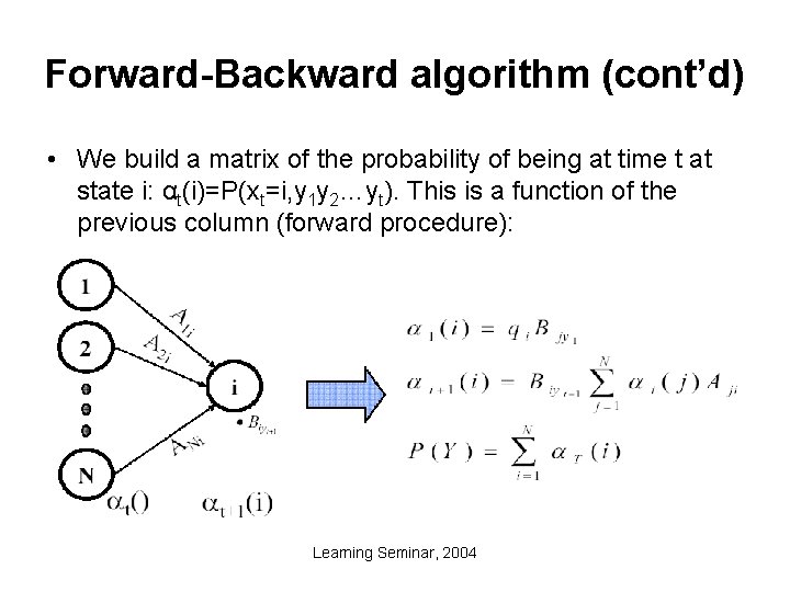 Forward-Backward algorithm (cont’d) • We build a matrix of the probability of being at