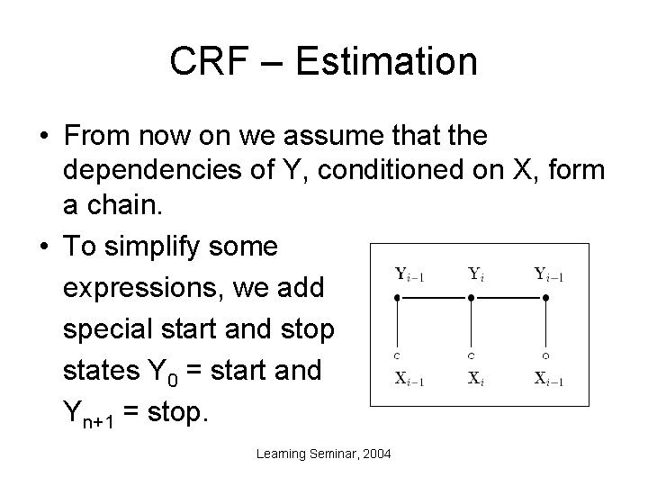 CRF – Estimation • From now on we assume that the dependencies of Y,