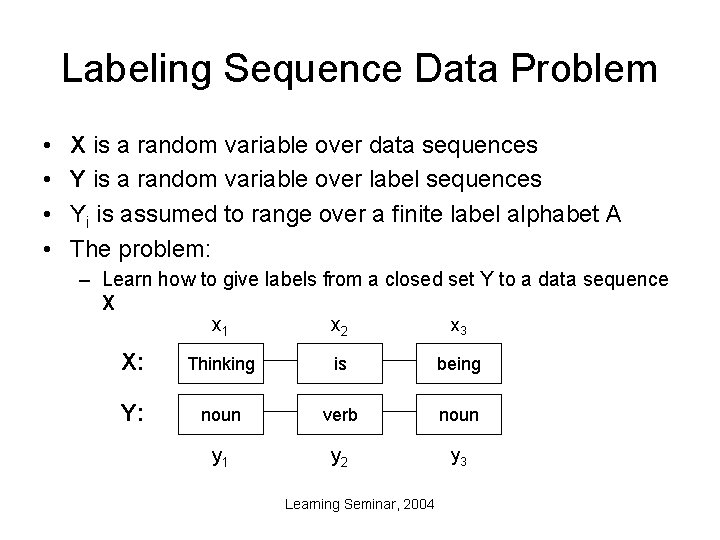 Labeling Sequence Data Problem • • X is a random variable over data sequences