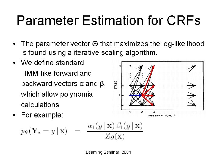 Parameter Estimation for CRFs • The parameter vector Θ that maximizes the log-likelihood is