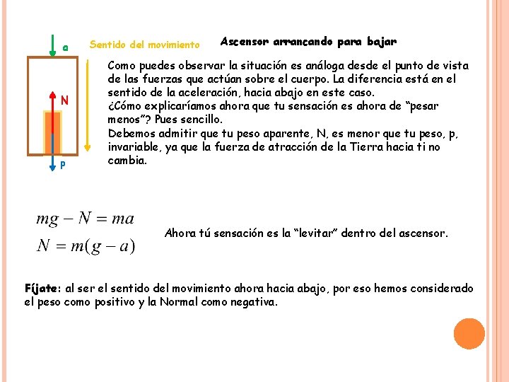 a N p Sentido del movimiento Ascensor arrancando para bajar Como puedes observar la