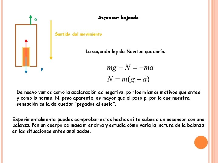 Ascensor bajando a Sentido del movimiento La segunda ley de Newton quedaría: p De