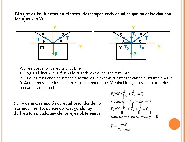 Dibujamos las fuerzas existentes, descomponiendo aquellas que no coincidan con los ejes X e